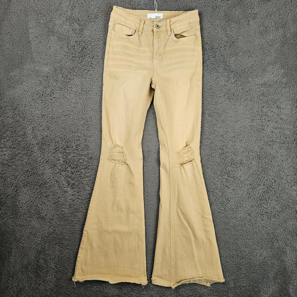 High-Rise Beige Flare Jeans with Knee Distress - Women